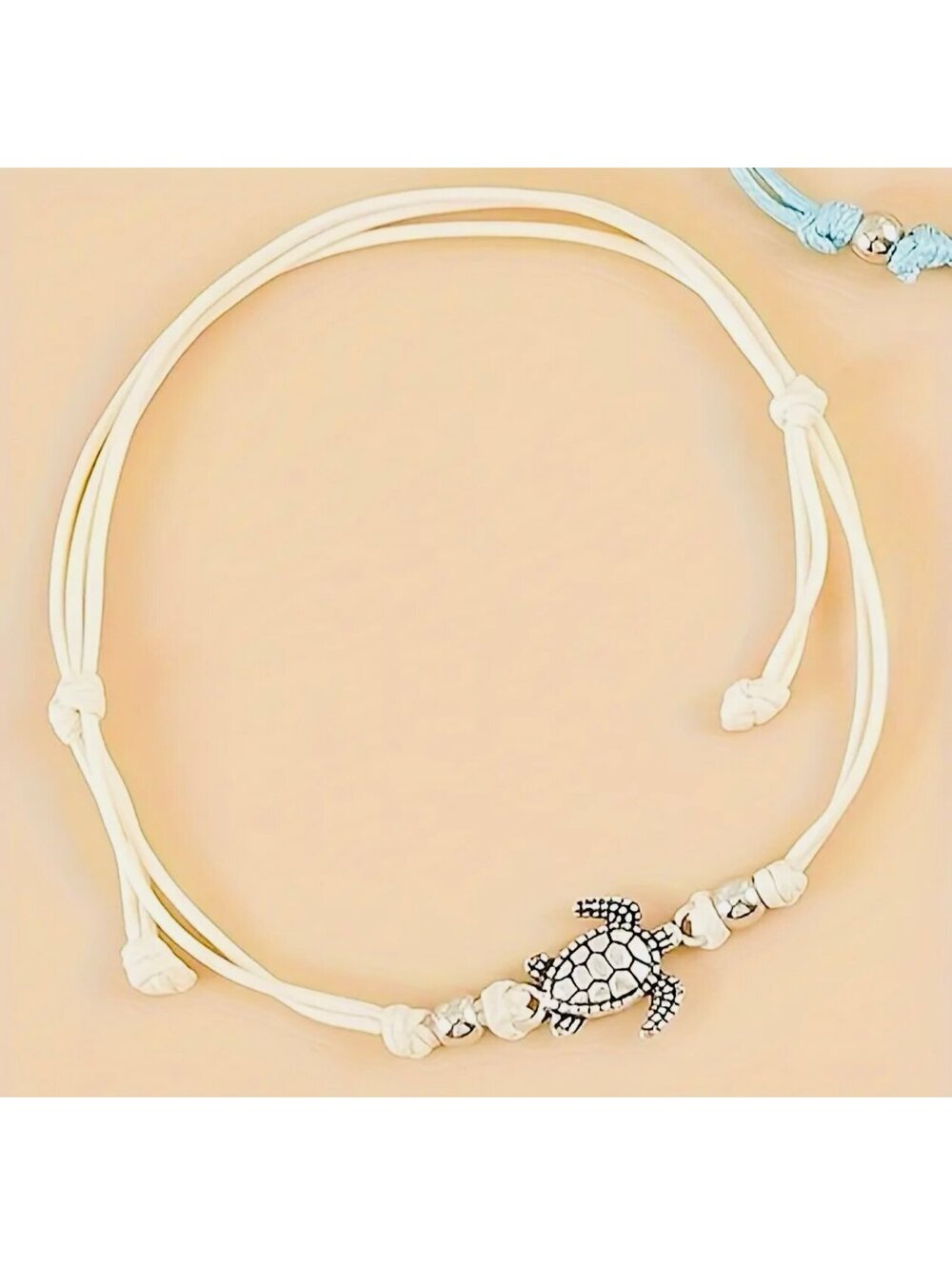 New - Vintage - Silver Turtle - Braided Adjustable
Anklet - White/Beige